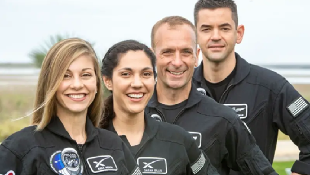 Polaris Dawn crew from left to right: Anna Menon, who works to develop astronaut operations for SpaceX; Sarah Gillis, lead space operations engineer, SpaceX; Scott Poteet, who serves as mission director of SpaceX's Inspiration4 mission; and Jared Isaacman, who funded the mission.