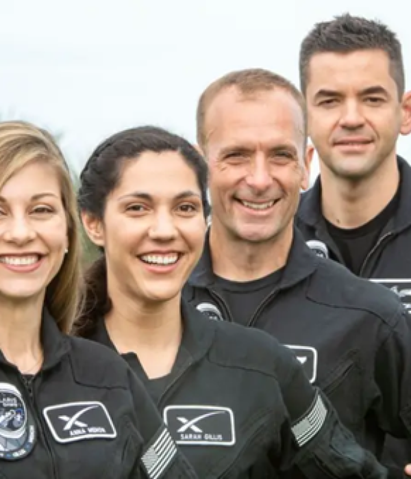 Polaris Dawn crew from left to right: Anna Menon, who works to develop astronaut operations for SpaceX; Sarah Gillis, lead space operations engineer, SpaceX; Scott Poteet, who serves as mission director of SpaceX's Inspiration4 mission; and Jared Isaacman, who funded the mission.