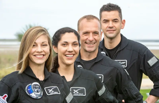 Polaris Dawn crew from left to right: Anna Menon, who works to develop astronaut operations for SpaceX; Sarah Gillis, lead space operations engineer, SpaceX; Scott Poteet, who serves as mission director of SpaceX's Inspiration4 mission; and Jared Isaacman, who funded the mission.
